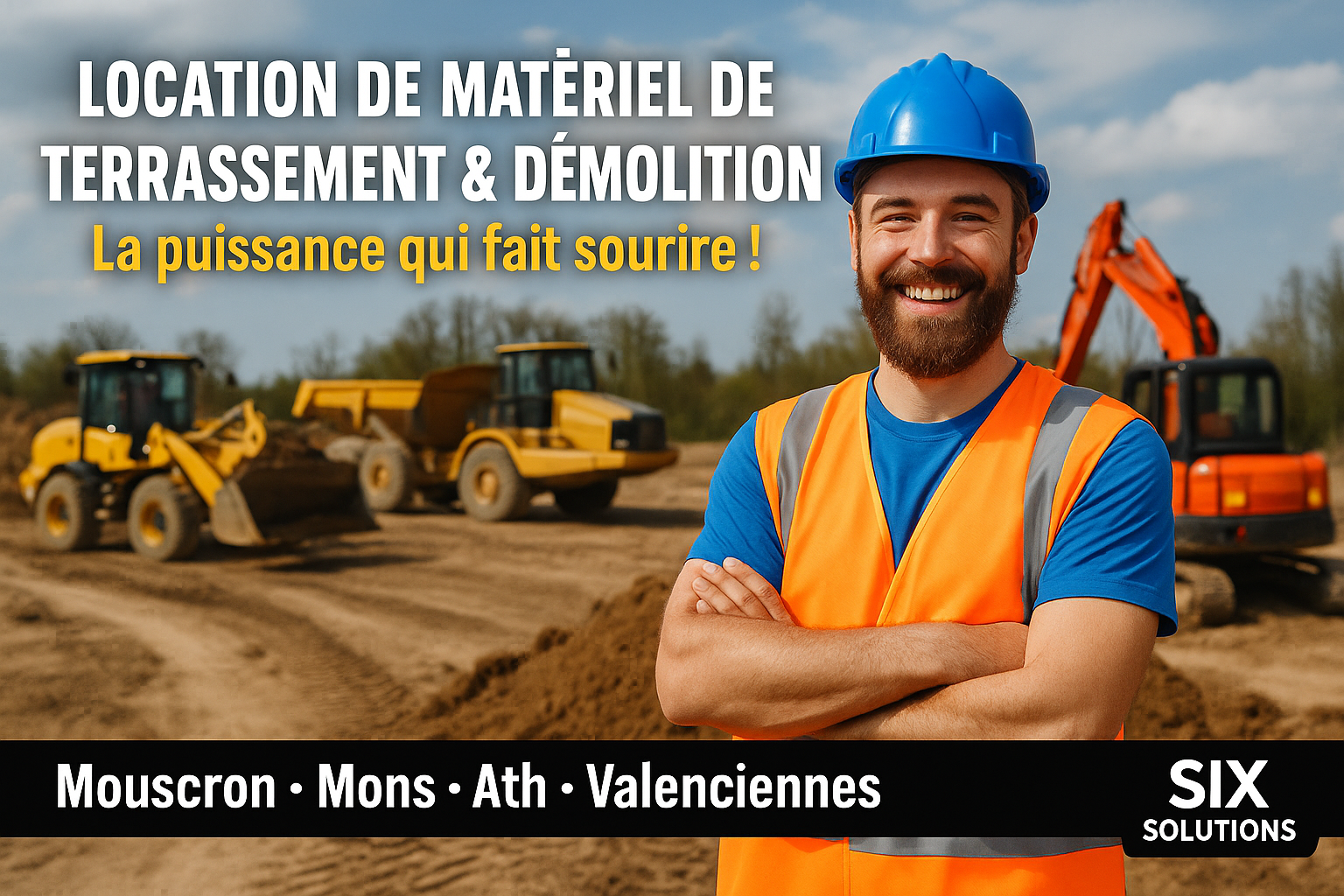 Ouvrier souriant sur un chantier de terrassement avec pelleteuses et dumpers – Six Solutions, location de matériel entre Mouscron, Mons, Ath et Valenciennes.