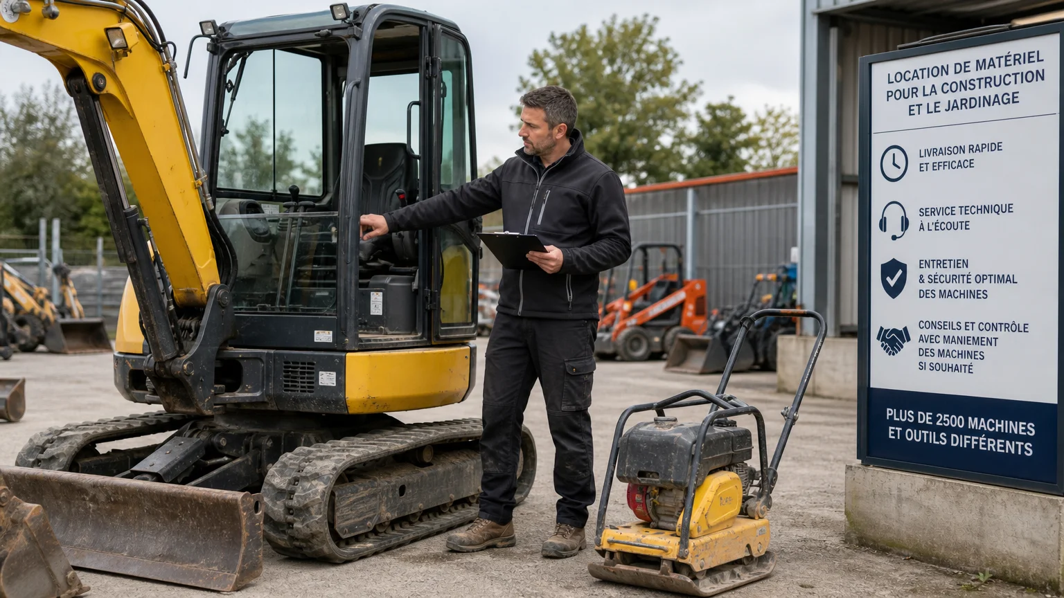 Un professionnel européen inspecte du matériel de chantier dans un parc de location