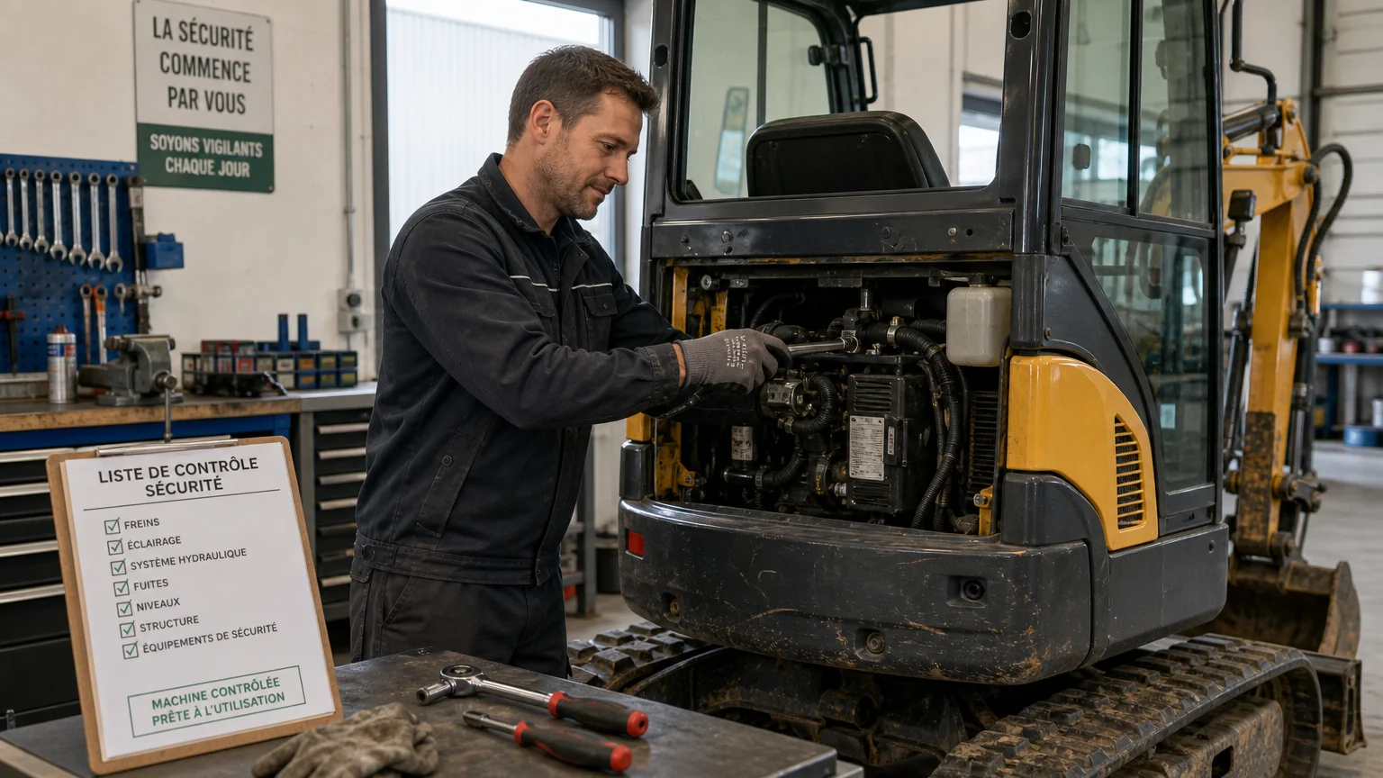Un technicien européen effectue l'entretien et le contrôle de sécurité d'une machine de location