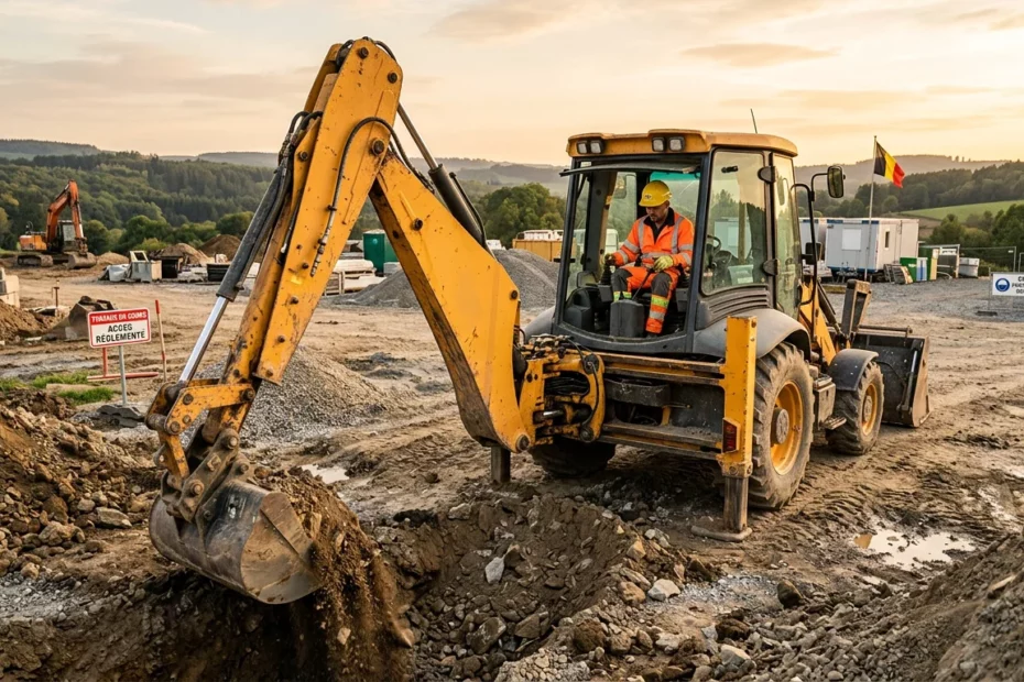 Tractopelle en action sur un chantier belge au coucher du soleil