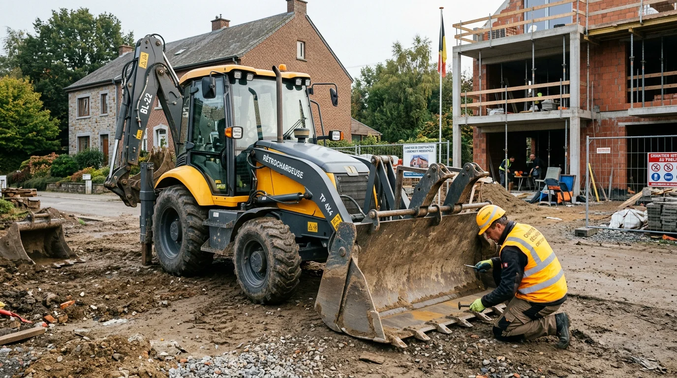 Tractopelle stationné sur un chantier résidentiel avec un ouvrier européen
