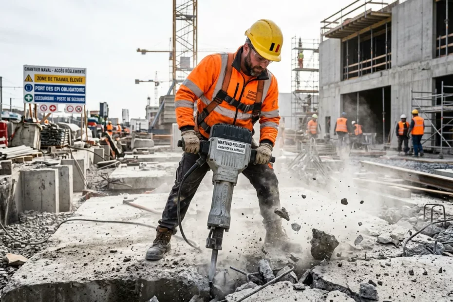 Ouvrier européen utilisant un marteau-burineur pneumatique sur un chantier
