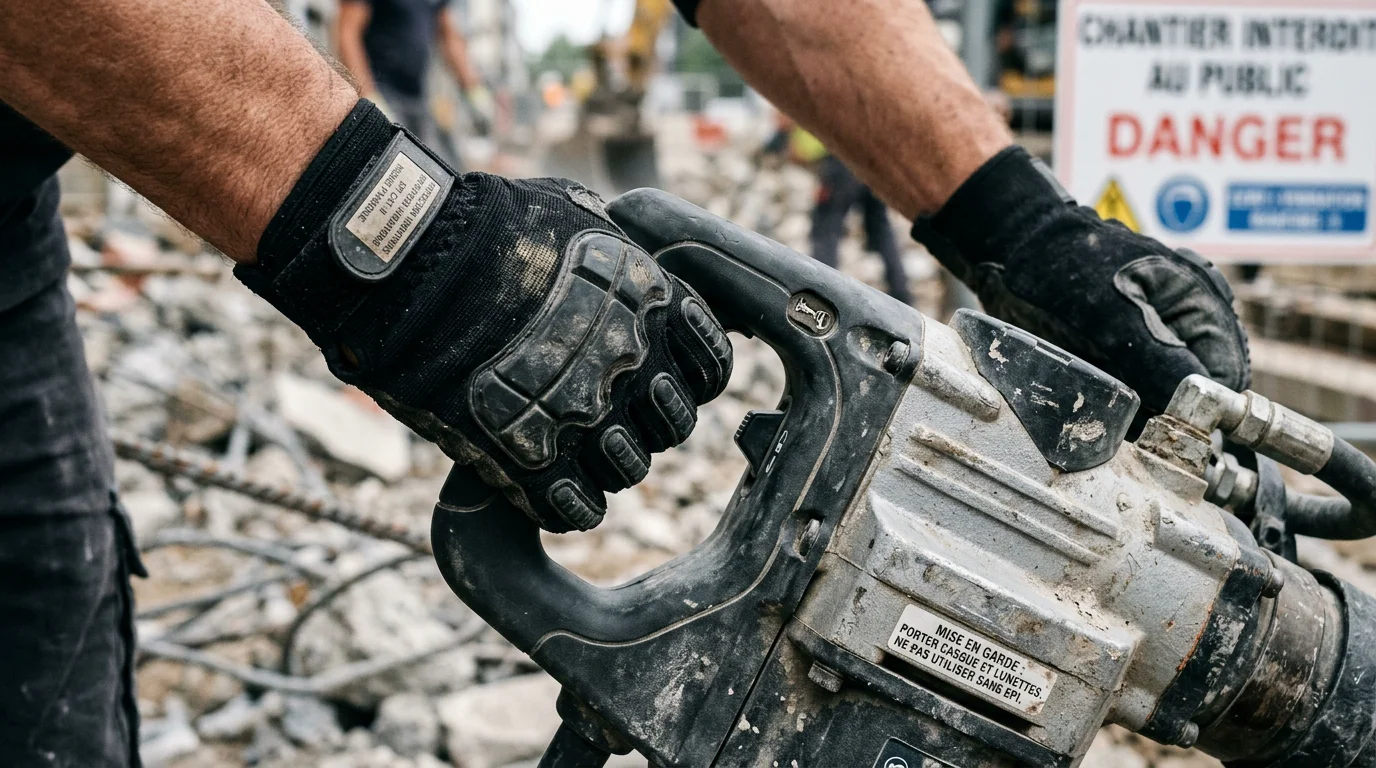 Mains gantées tenant la poignée anti-vibrations d'un marteau-burineur