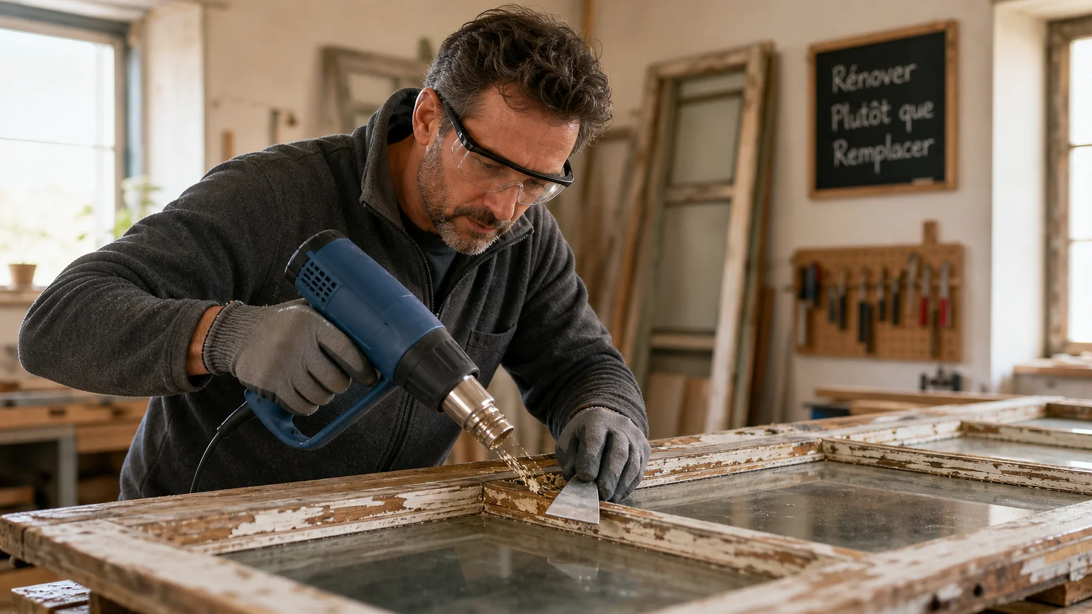 Artisan européen décapant un cadre de fenêtre en bois avec un pistolet à air chaud
