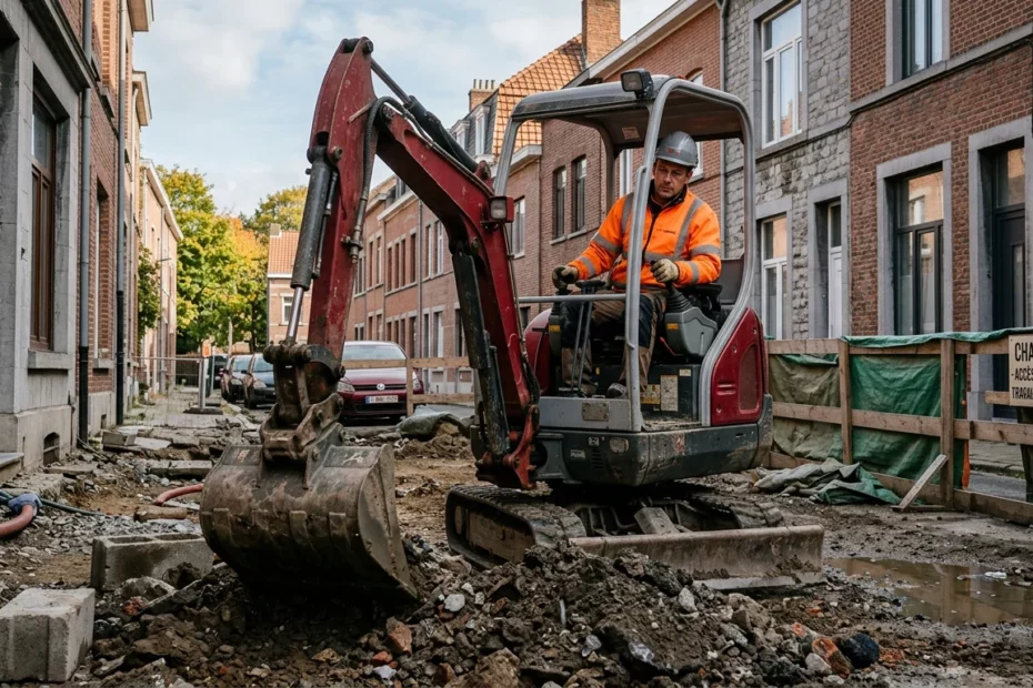 Mini-pelle de 2,6 tonnes en action sur un chantier compact en Belgique