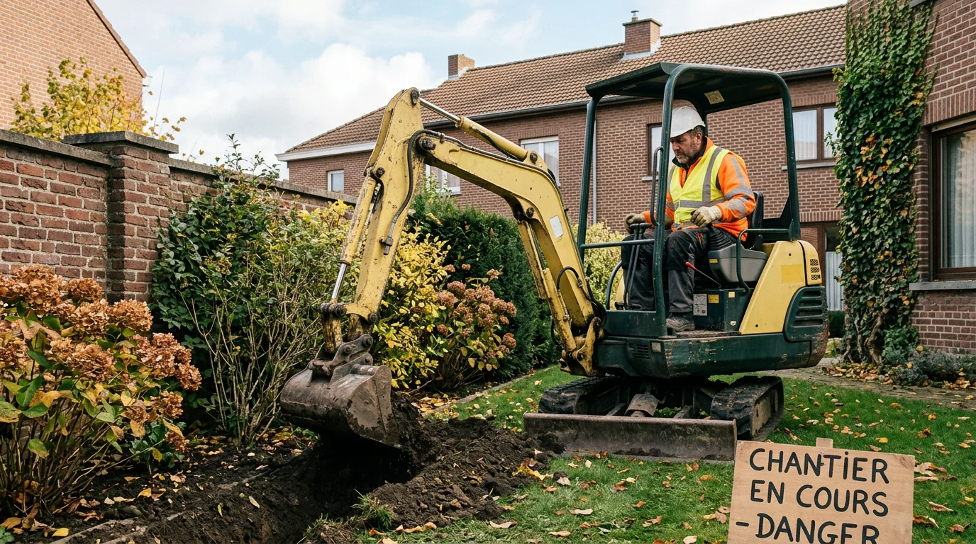 Mini-pelle compacte de 2,6 tonnes creusant une tranchée dans un jardin