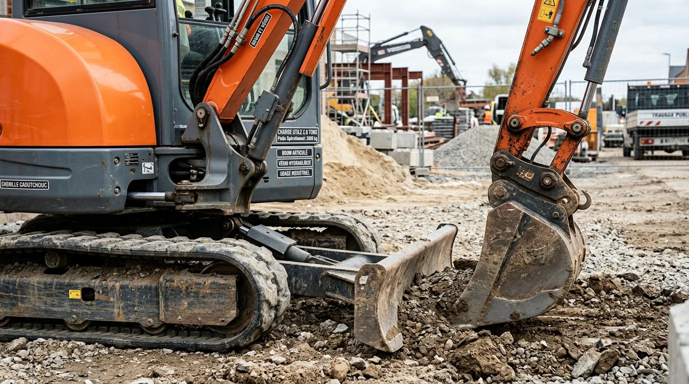 Détail technique d'une mini-pelle de 2,6 tonnes sur chenilles caoutchouc