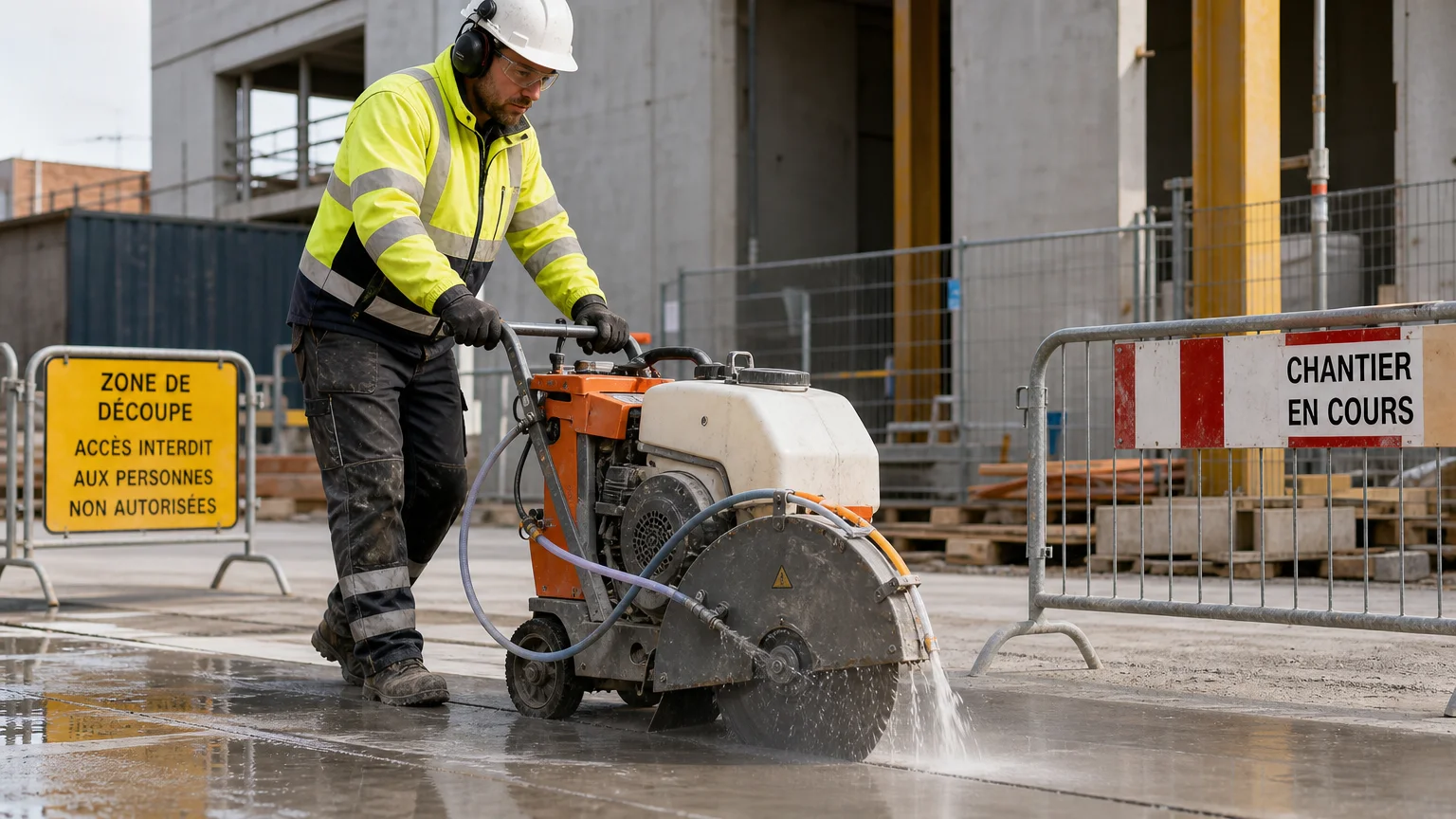Ouvrier européen utilisant une scie de sol avec arrosage intégré sur un chantier