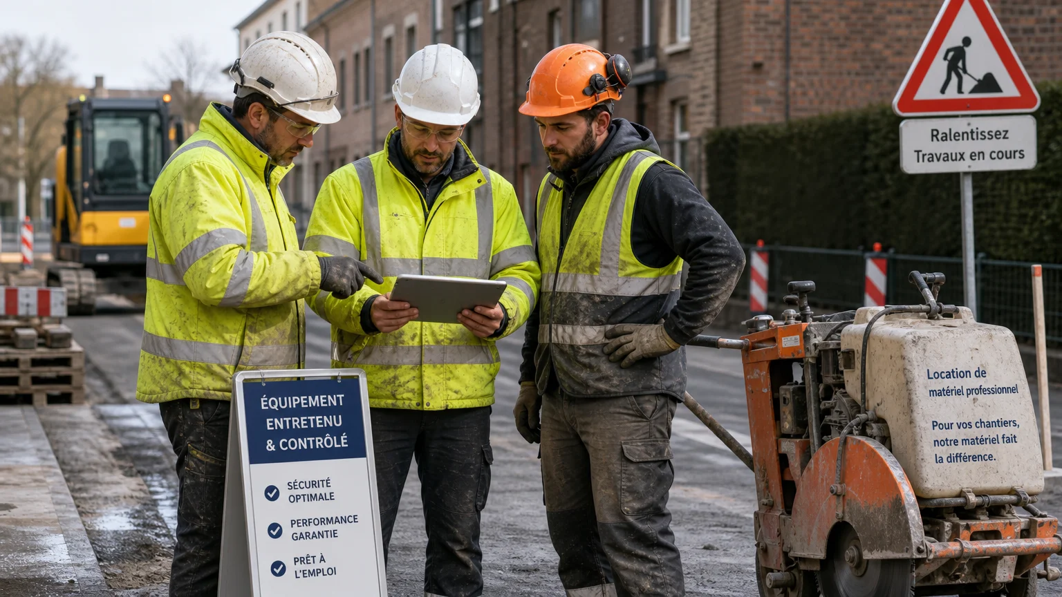 Équipe européenne comparant location et achat de matériel de sciage sur chantier