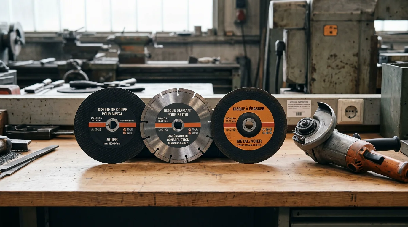 Trois disques de 230 mm posés à côté d'une meuleuse d'angle sans disque
