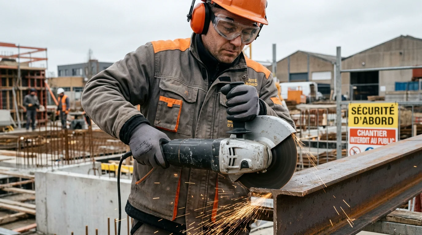 Ouvrier européen utilisant une meuleuse d'angle 230 mm à deux mains avec équipement de protection