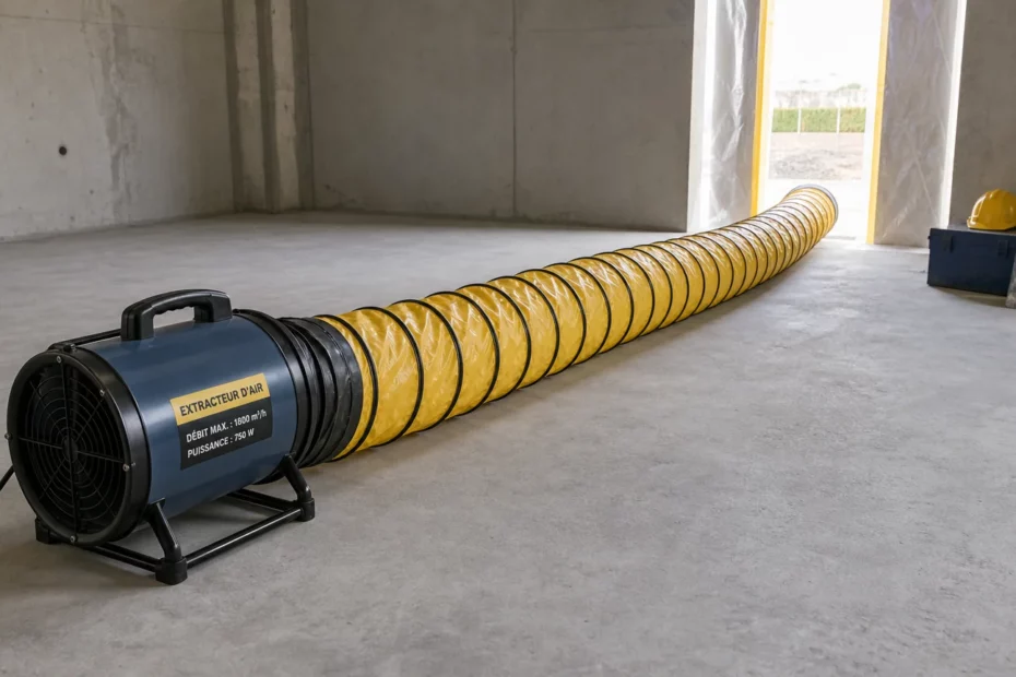 Gaine souple de six mètres raccordée à un extracteur ventilateur