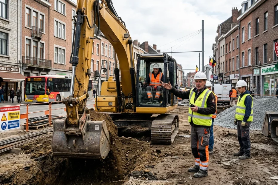 Équipe européenne de chantier avec excavatrice hydraulique et opérateur