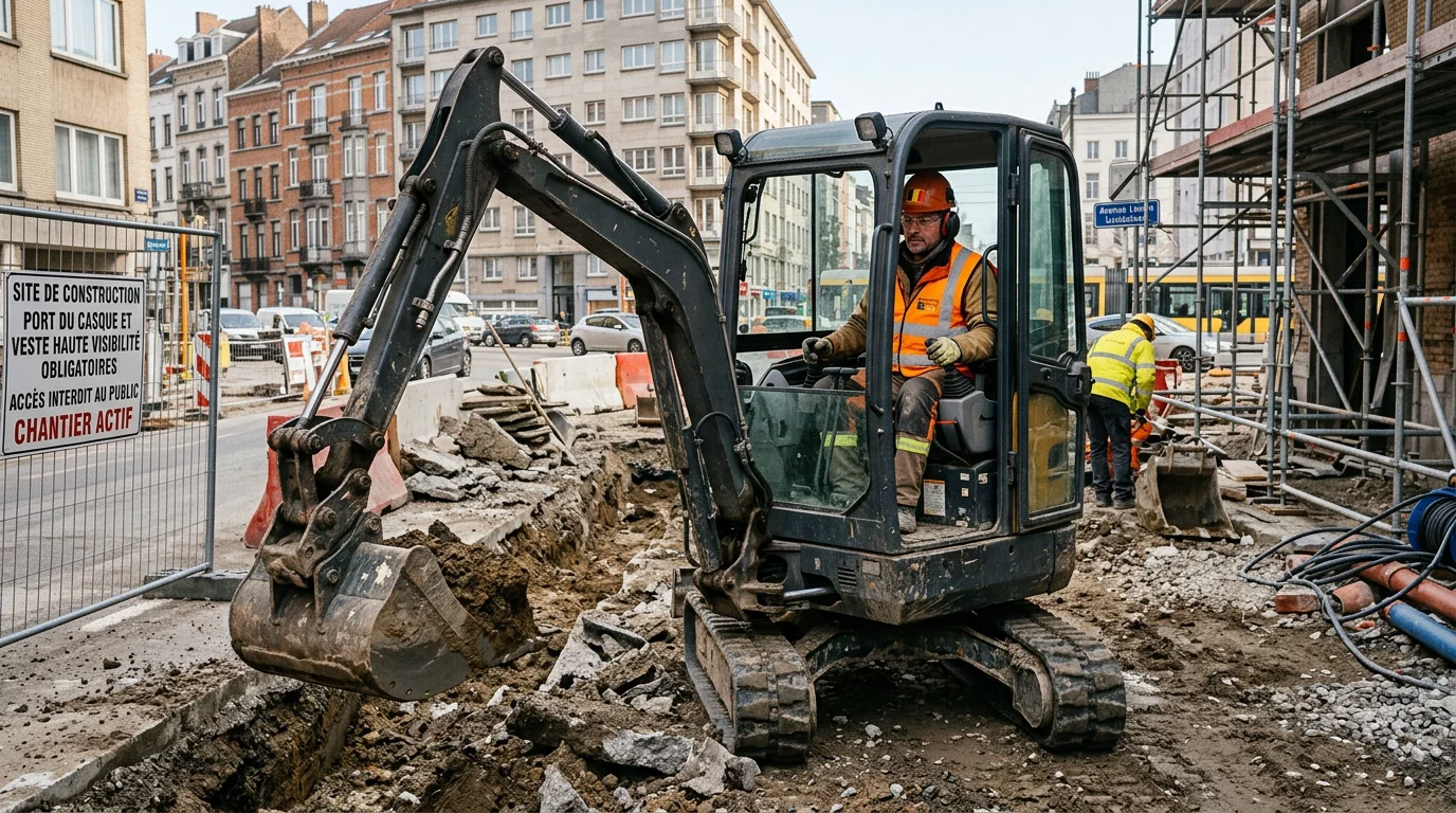 Opérateur européen manœuvrant une excavatrice compacte sur un chantier