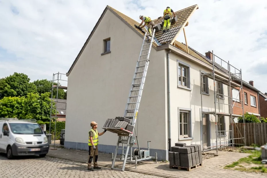 Monte-tuiles installé le long d'une façade pour hisser des tuiles sur un toit en rénovation