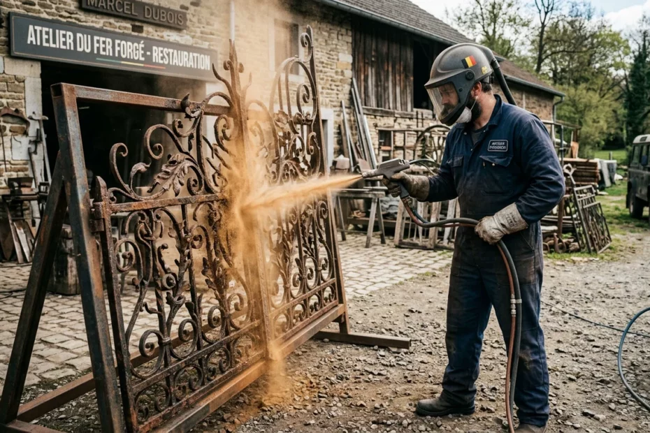 Artisan européen sablant une grille métallique rouillée en extérieur