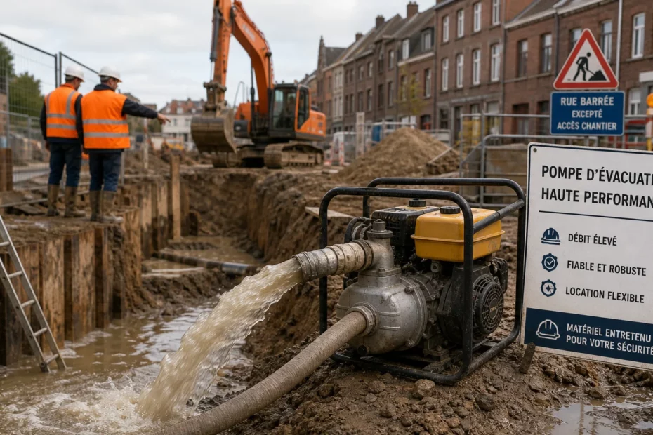 Pompe à eau évacuant une fouille sur un chantier de génie civil en Belgique