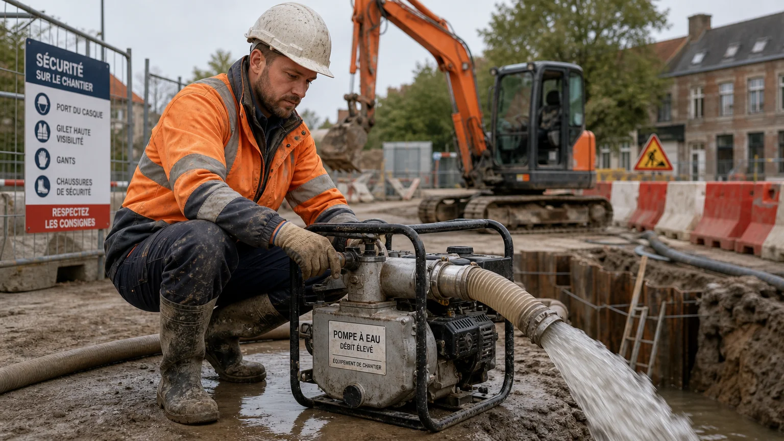 Ouvrier européen utilisant une pompe à eau sur un chantier de génie civil
