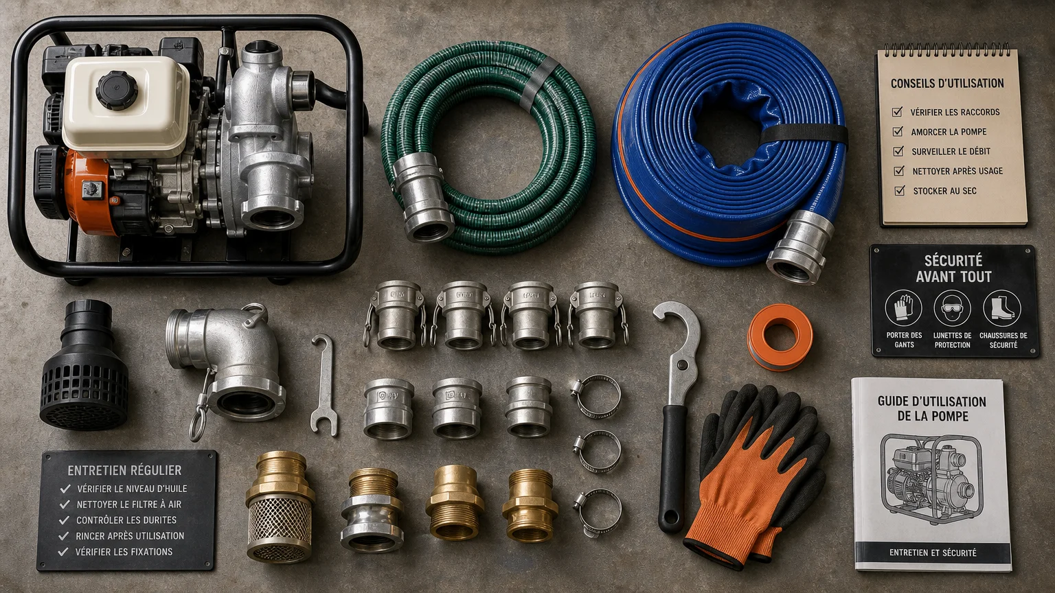Composition à plat de matériel de pompage hydraulique avec pompe, tuyaux et raccords