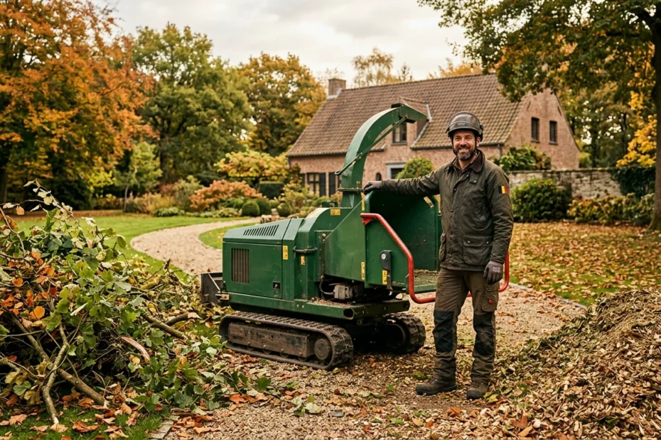 Broyeur de branches professionnel dans un jardin avec branchages et copeaux