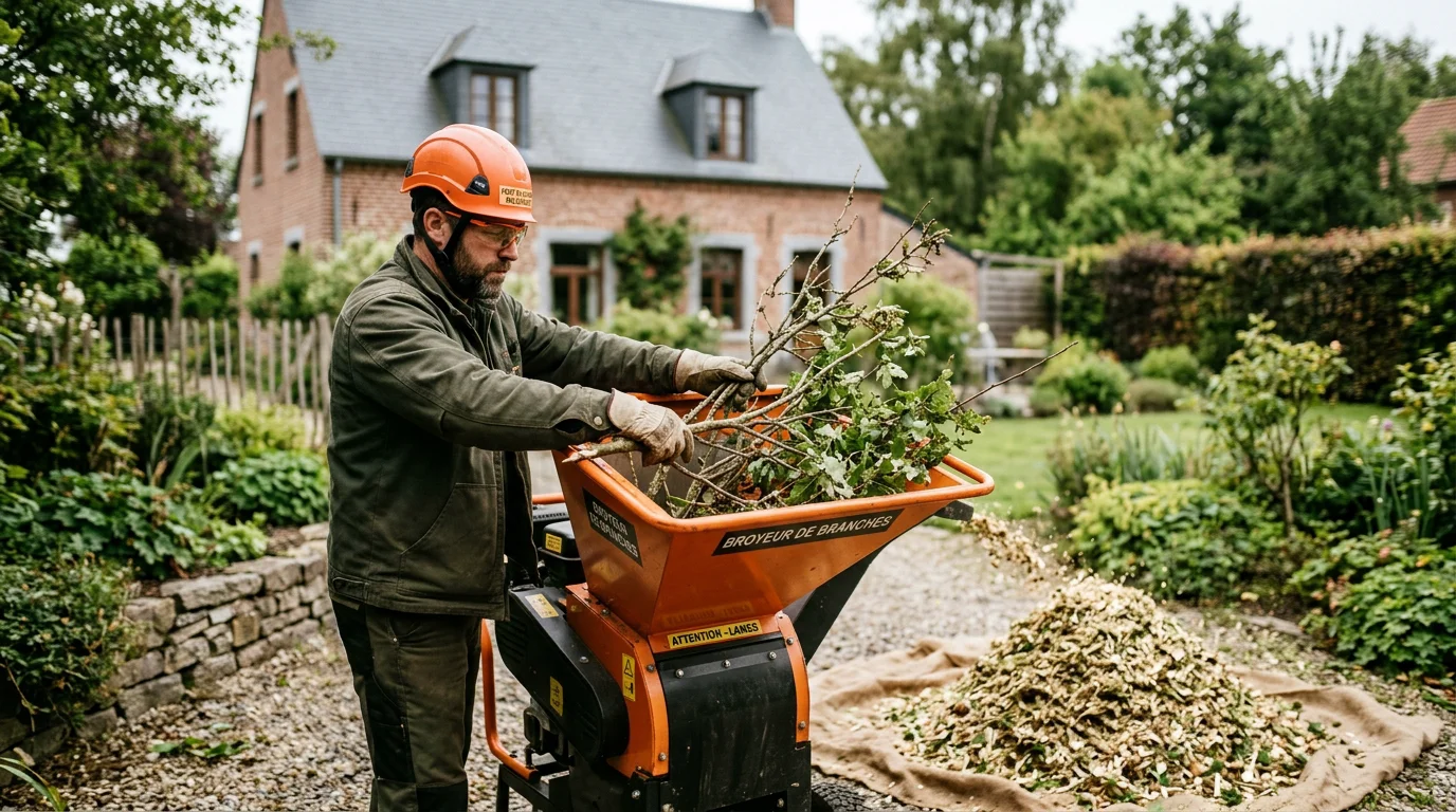 Un homme européen alimente un broyeur de branches dans un jardin