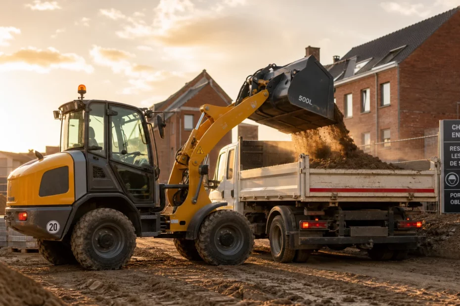 Chargeur articulé compact de 500 litres au travail sur un chantier