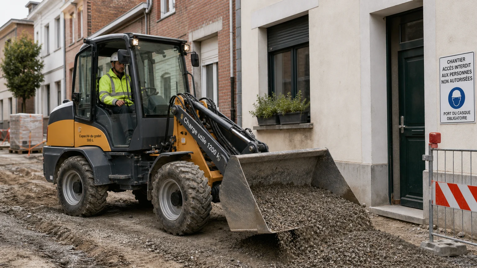 Chargeur articulé compact de 500 litres sur un chantier urbain étroit