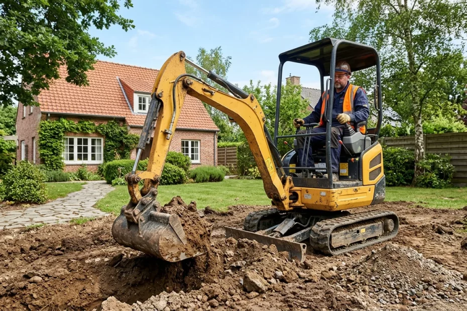 Mini-pelle compacte au travail sur un chantier résidentiel en Belgique
