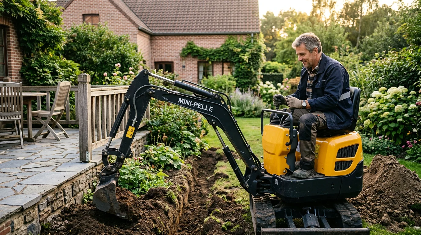 Un particulier conduit une mini-pelle pour creuser une tranchée dans son jardin