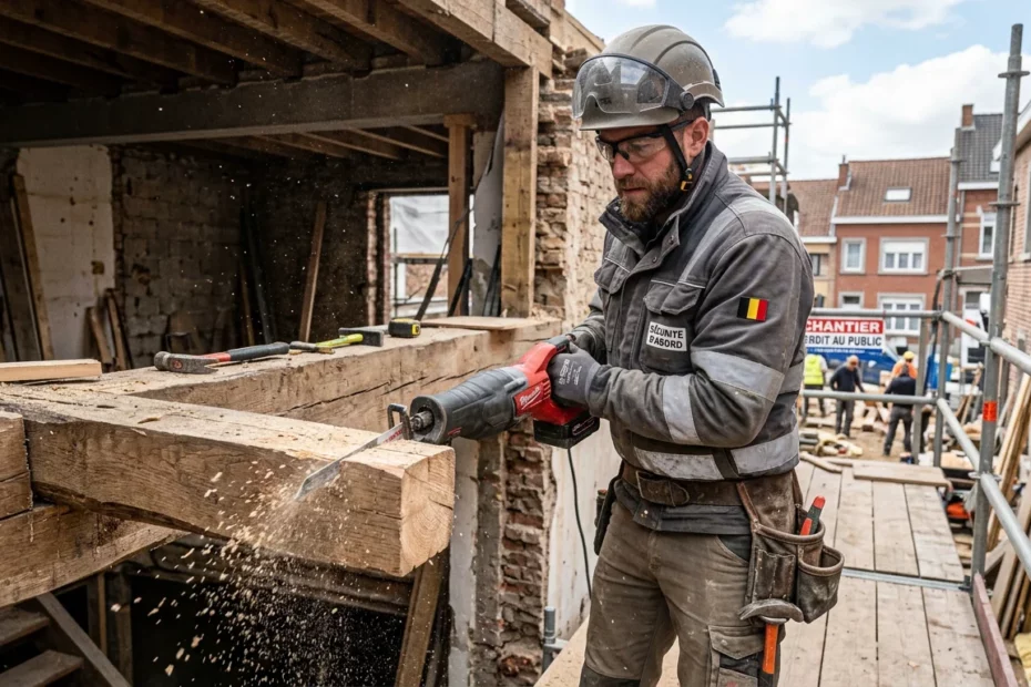 Artisan européen utilisant une scie sabre sur un chantier de rénovation
