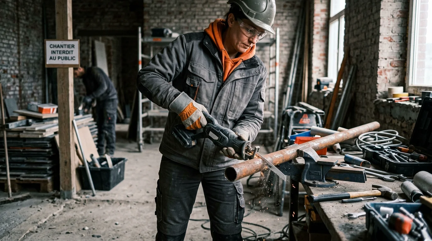 Ouvrier européen découpant un tuyau métallique avec une scie sabre sur un chantier