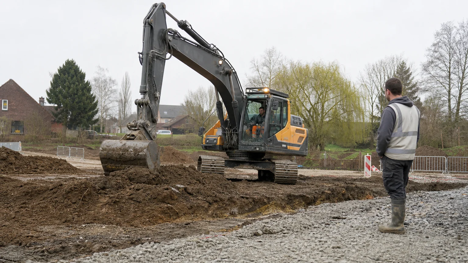 Pelle hydraulique de 22 tonnes travaillant sur un sol irrégulier