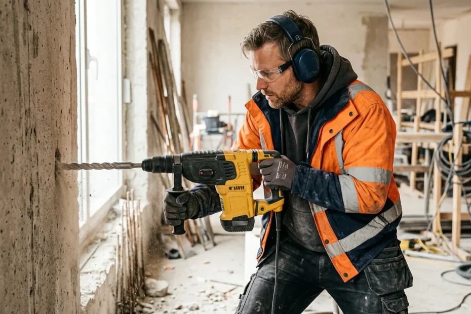 Ouvrier utilisant un perforateur électrique sur un chantier
