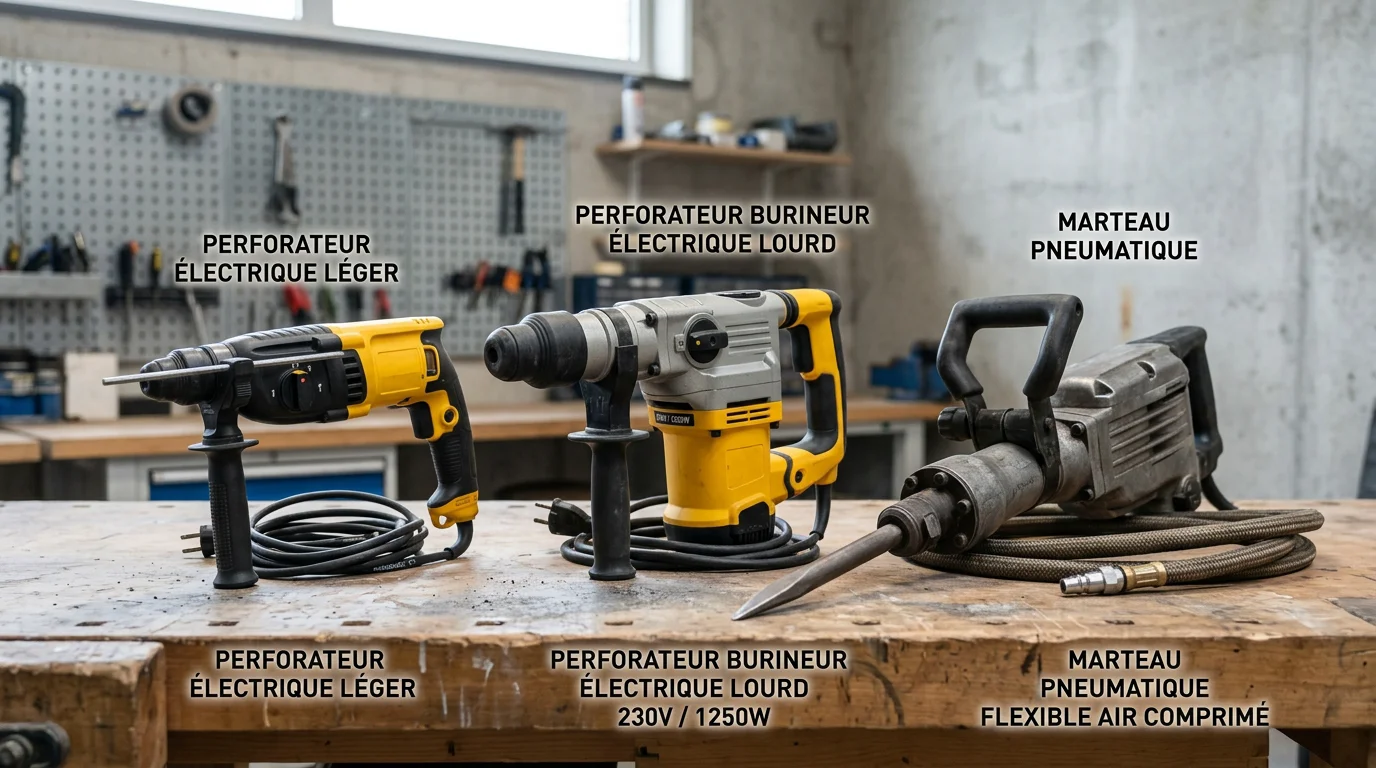 Trois types de perforateurs et burineurs alignés sur un établi