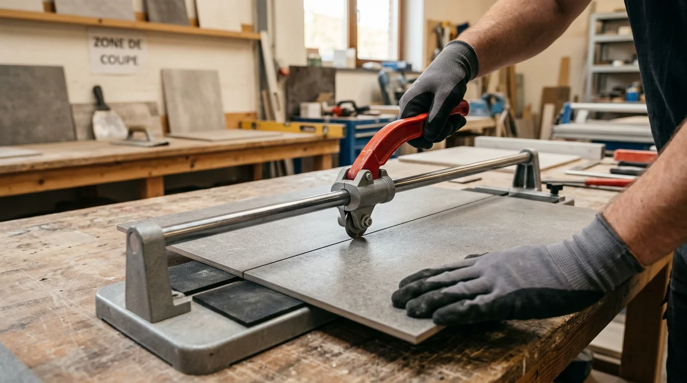 Découpe d'un carreau par rainurage avec un coupe-carrelage manuel