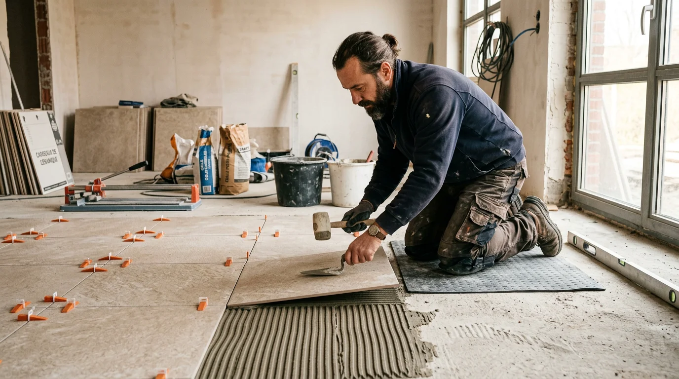 Carreleur posant des carreaux de grand format sur un chantier