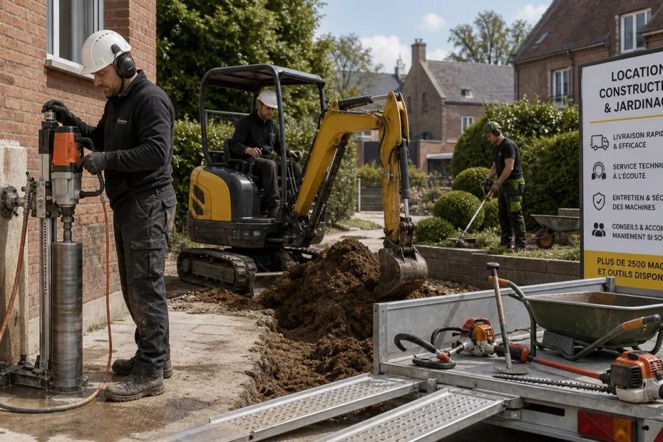 Scène de chantier européen utilisant du petit matériel de construction et de jardinage en location