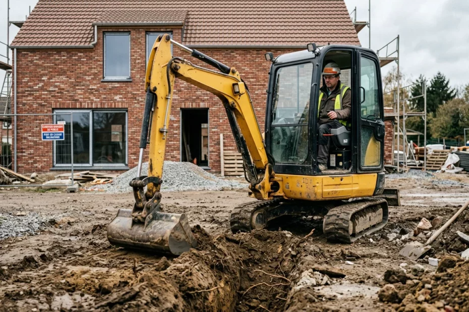 Mini-pelle compacte en action sur un chantier résidentiel en Belgique