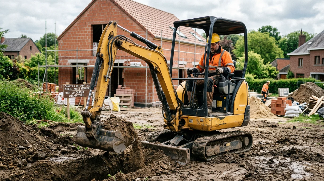 Opérateur européen conduisant une mini-pelle sur un chantier résidentiel en Belgique