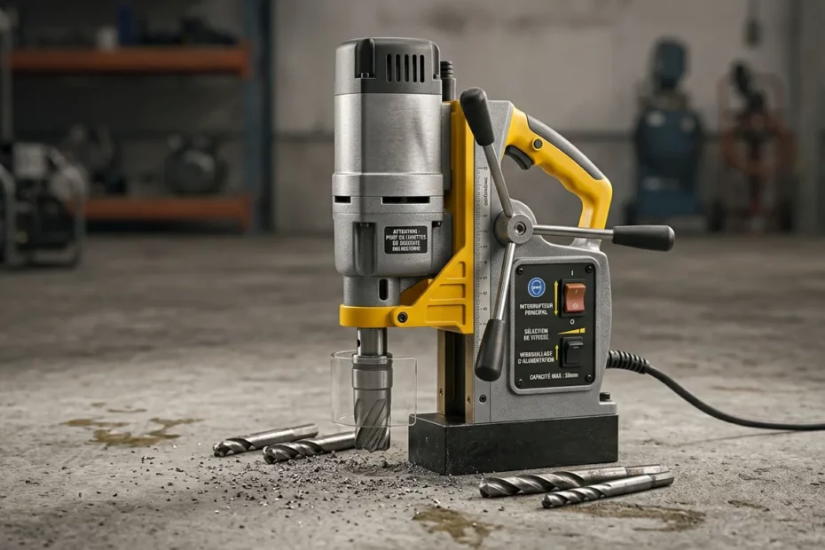 Machine de perçage professionnelle posée sur une surface en béton