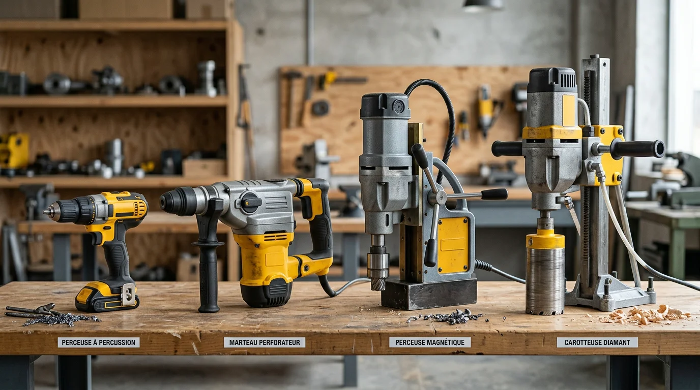 Quatre types de machines de perçage alignées sur un établi