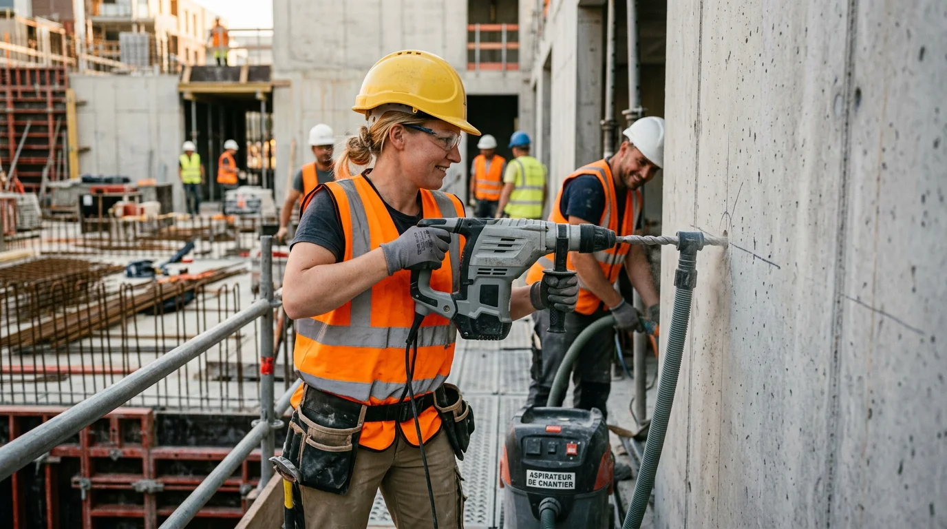 Ouvrier européen perçant un mur en béton sur un chantier