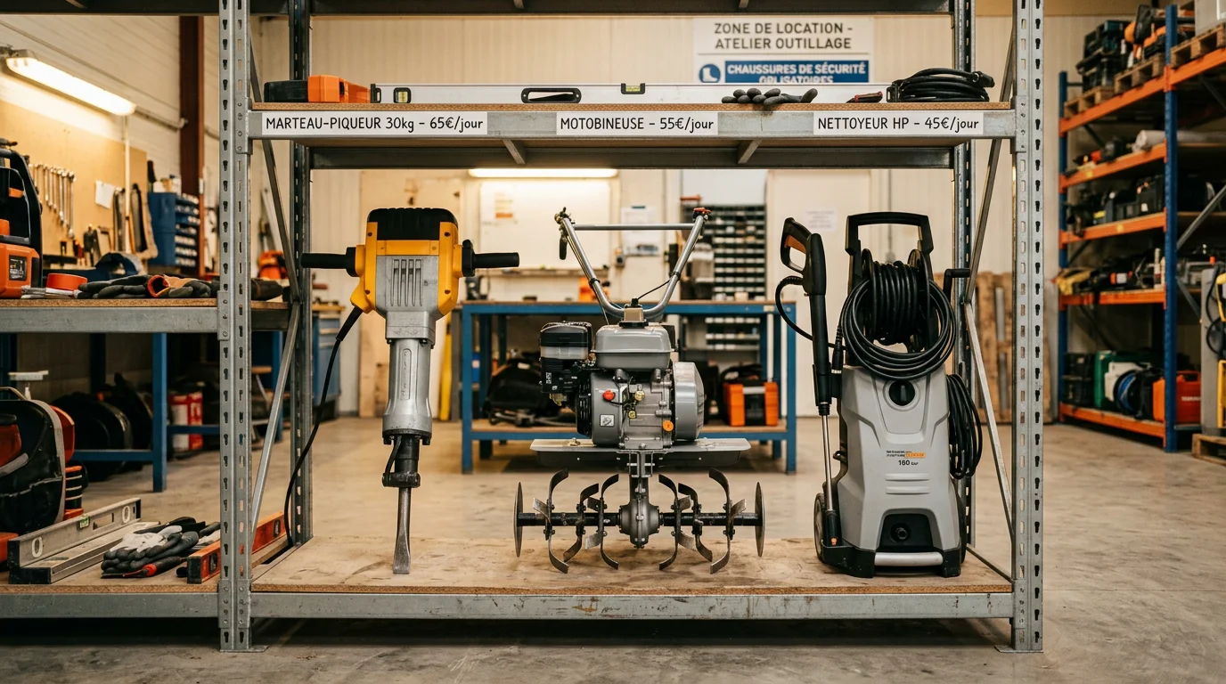 Étagère de dépôt de location avec outils de chantier et de jardinage