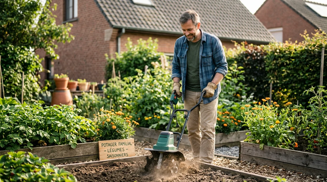 Jardinier européen utilisant une motobineuse électrique dans un potager