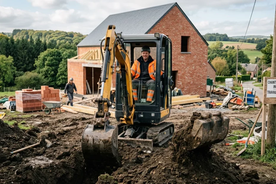 Mini-pelle compacte en action sur un chantier résidentiel en Belgique