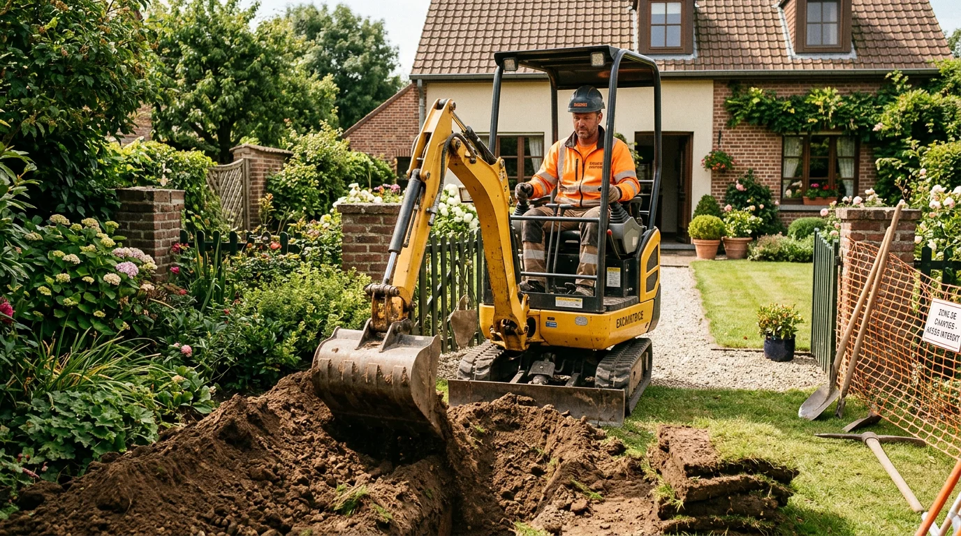 Ouvrier européen manœuvrant une mini-pelle dans un jardin résidentiel