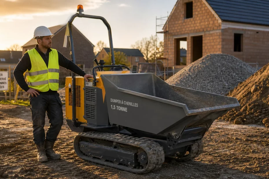 Dumper compact 1,5 tonne sur un chantier résidentiel avec un opérateur