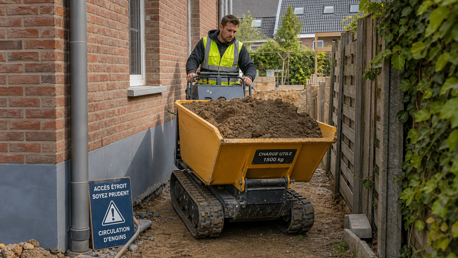 Dumper compact 1,5 tonne transportant de la terre sur un accès de jardin étroit