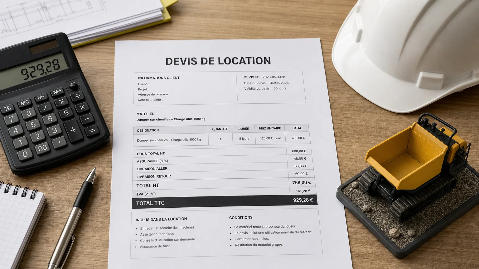 Devis de location d'un dumper 1,5 tonne avec postes de coûts détaillés