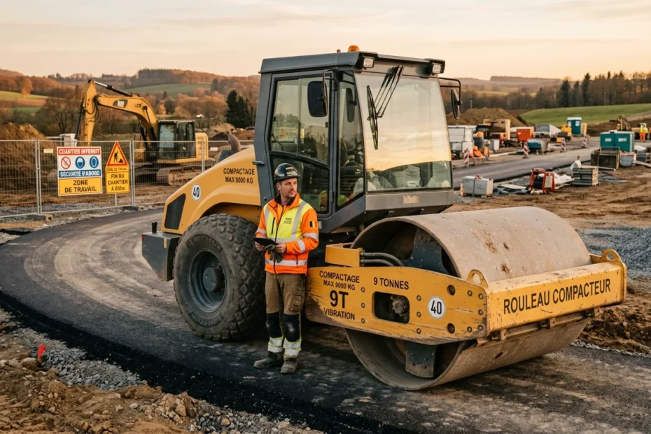 Rouleau compacteur mixte de 9 tonnes sur un chantier au coucher du soleil